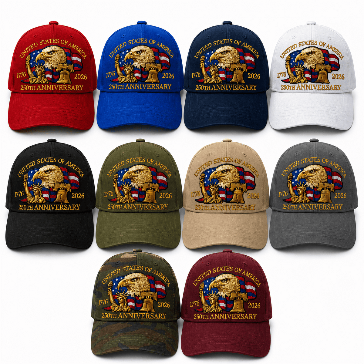 America 250th Commemorative Patriotic Hat – 1776–2026 Edition | 10 Hat Bundle - PatriotDepot.com