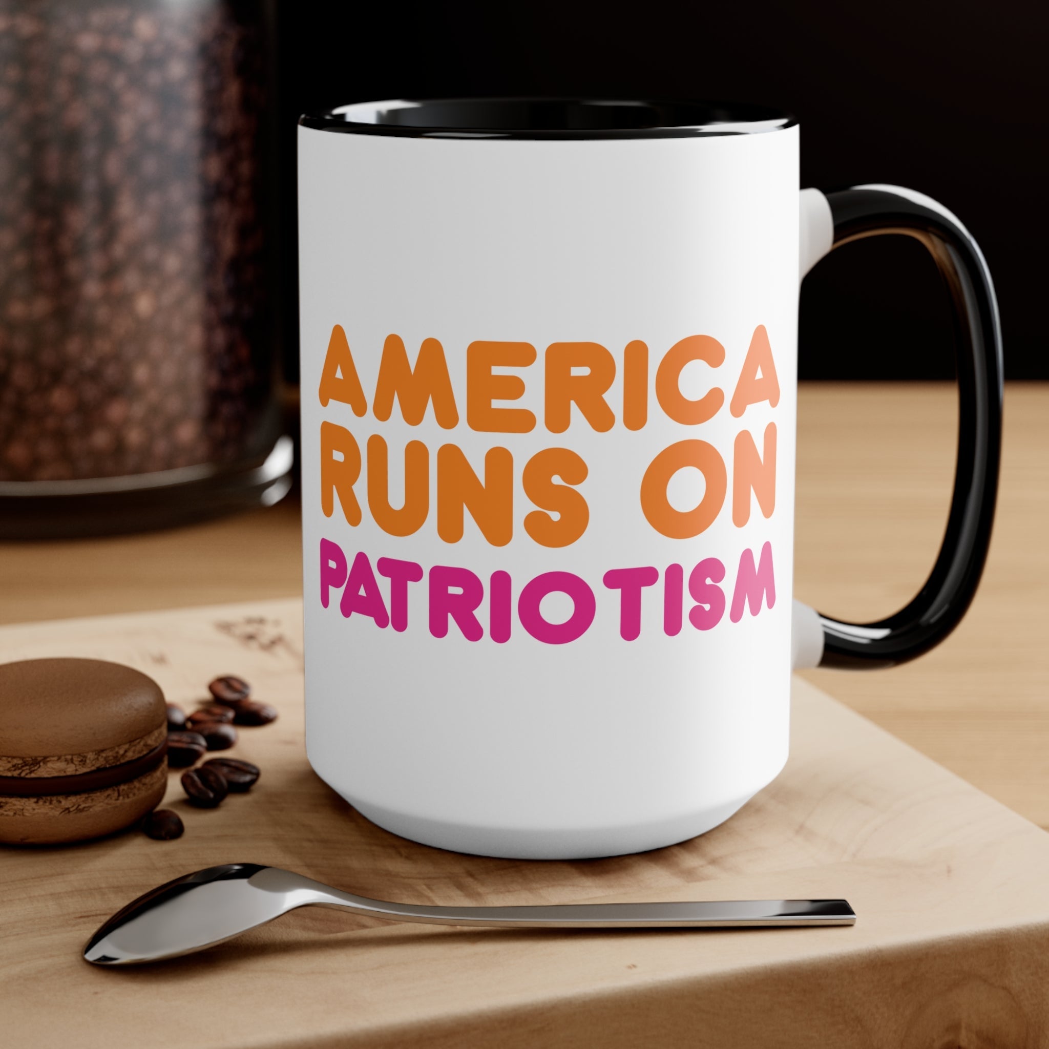 America Runs on Patriotism Mug (2 Sizes, 3 Colors) - PatriotDepot.com