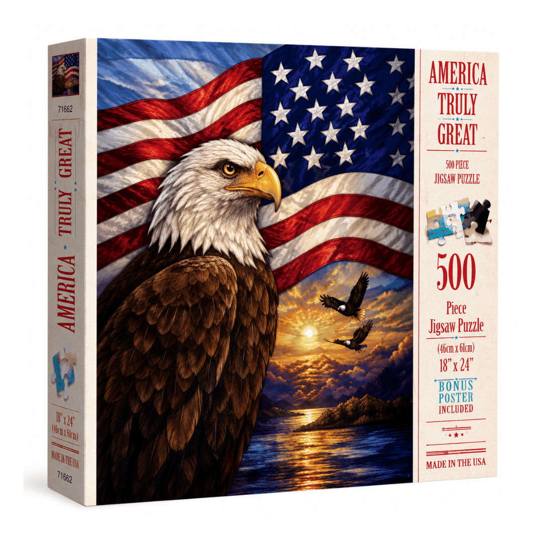 American Eagle Glory 500 - Piece Jigsaw Puzzle | 18" x 24" | Stained Glass Art by John Stewart - PatriotDepot.com