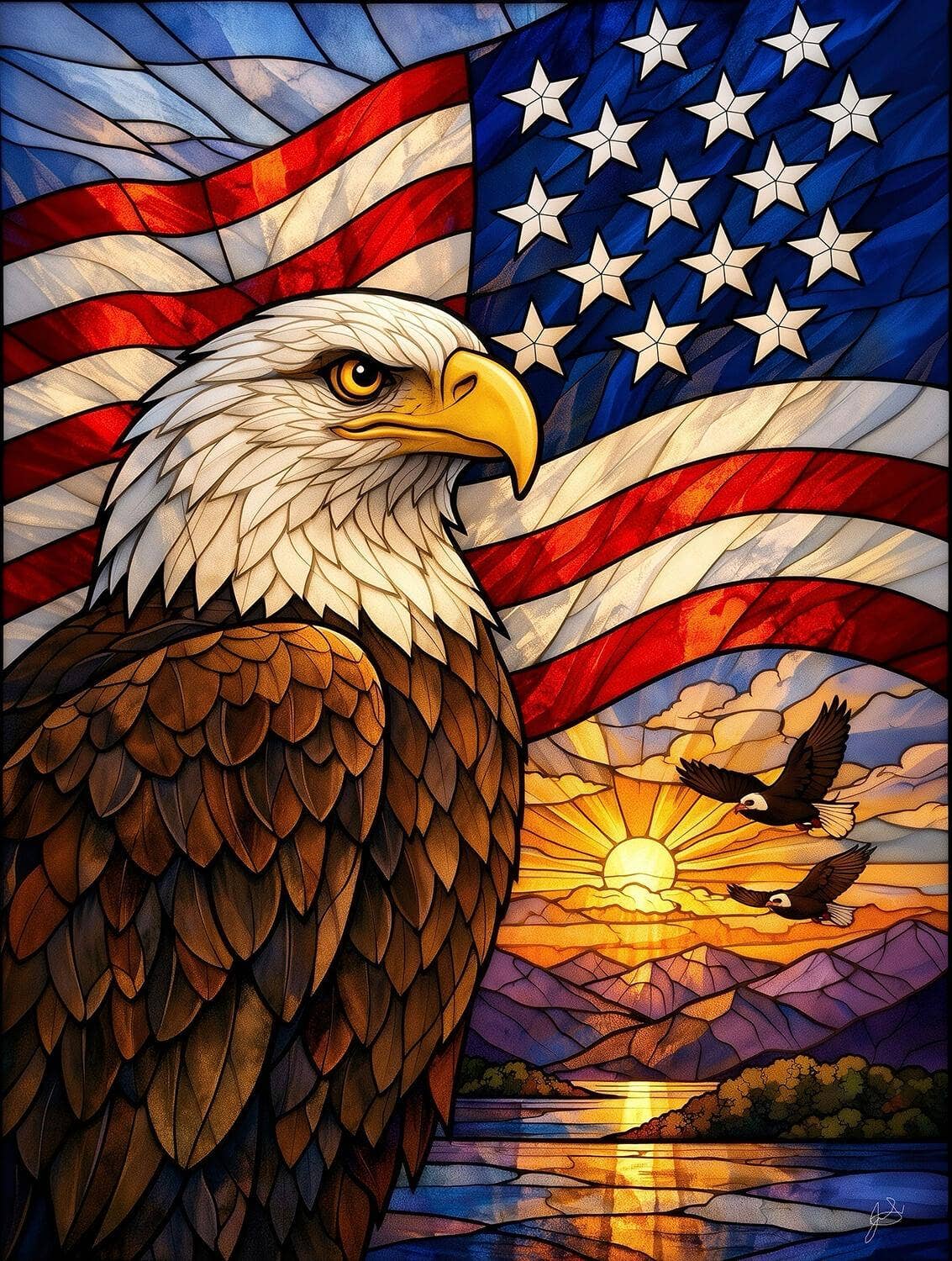 American Eagle Glory 500 - Piece Jigsaw Puzzle | 18" x 24" | Stained Glass Art by John Stewart - PatriotDepot.com