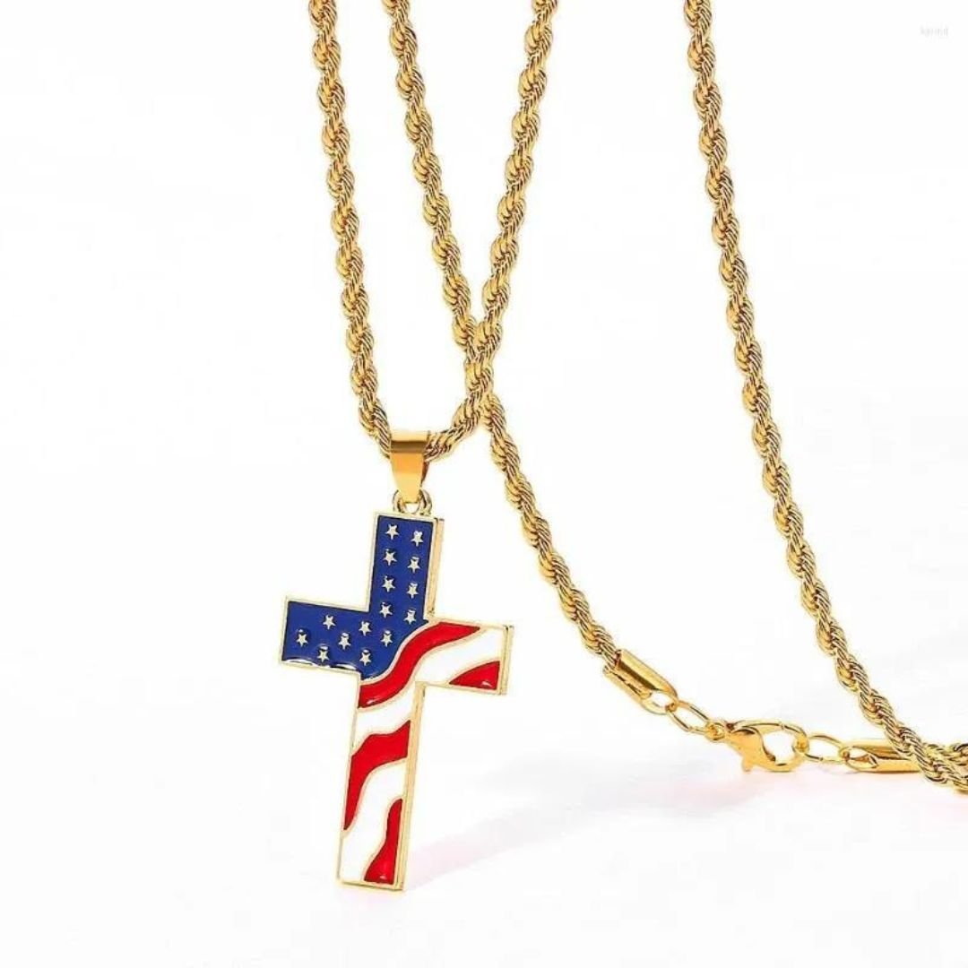 American Flag Cross Necklace (Stainless Steel) - PatriotDepot.com
