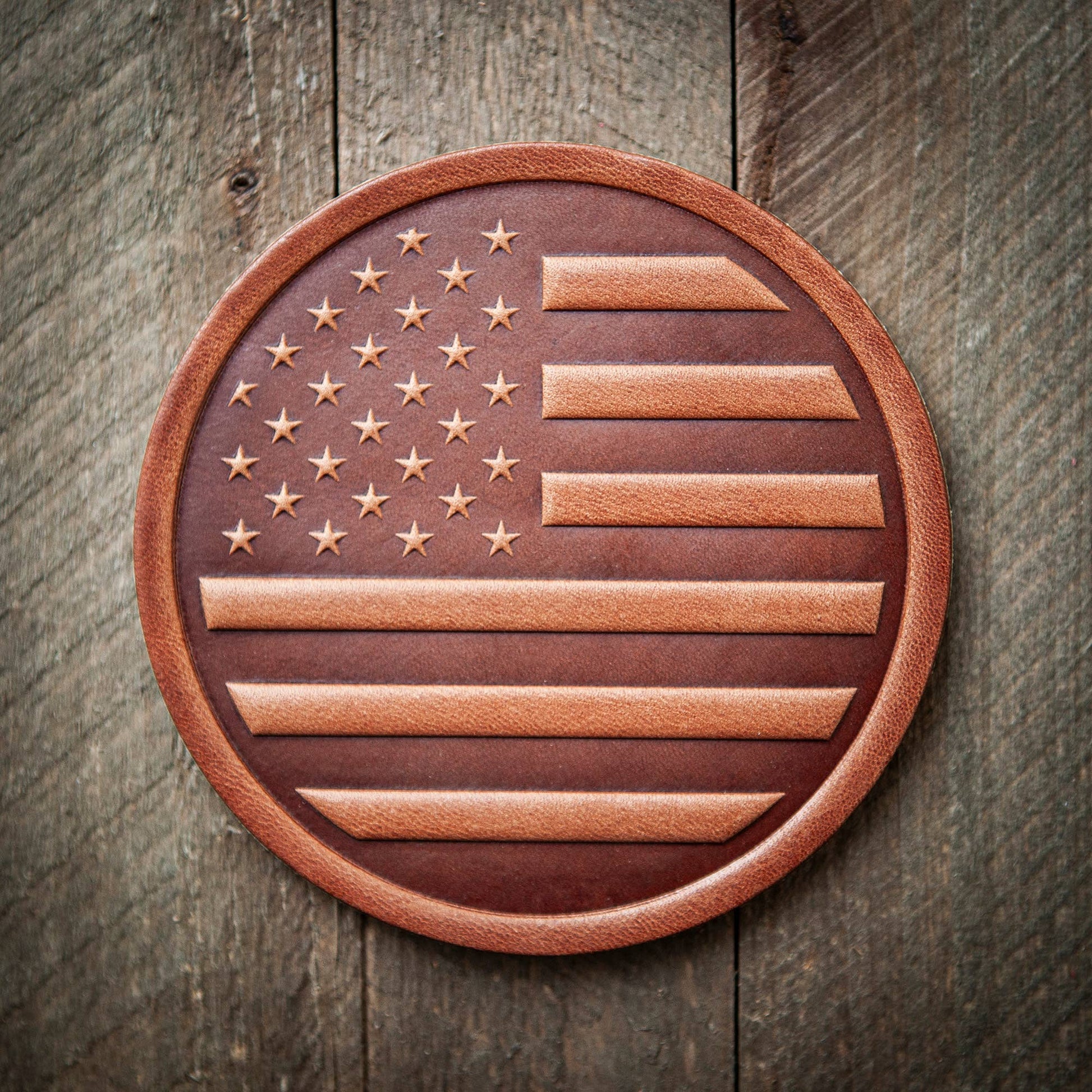American Flag Leather Coaster | Handcrafted Solid Leather | 4" - PatriotDepot.com