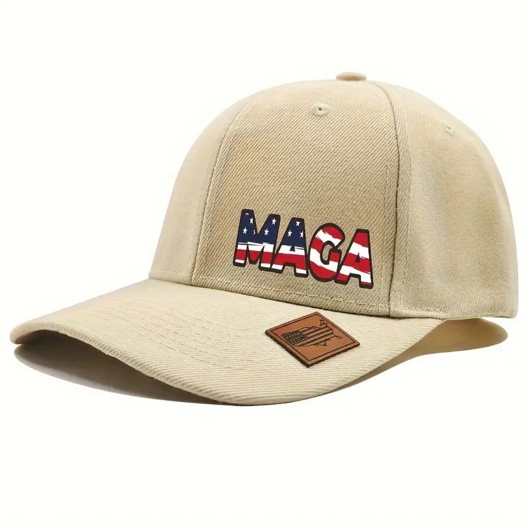 American Pride MAGA Hat with Leather USA Patch (Natural) - PatriotDepot.com