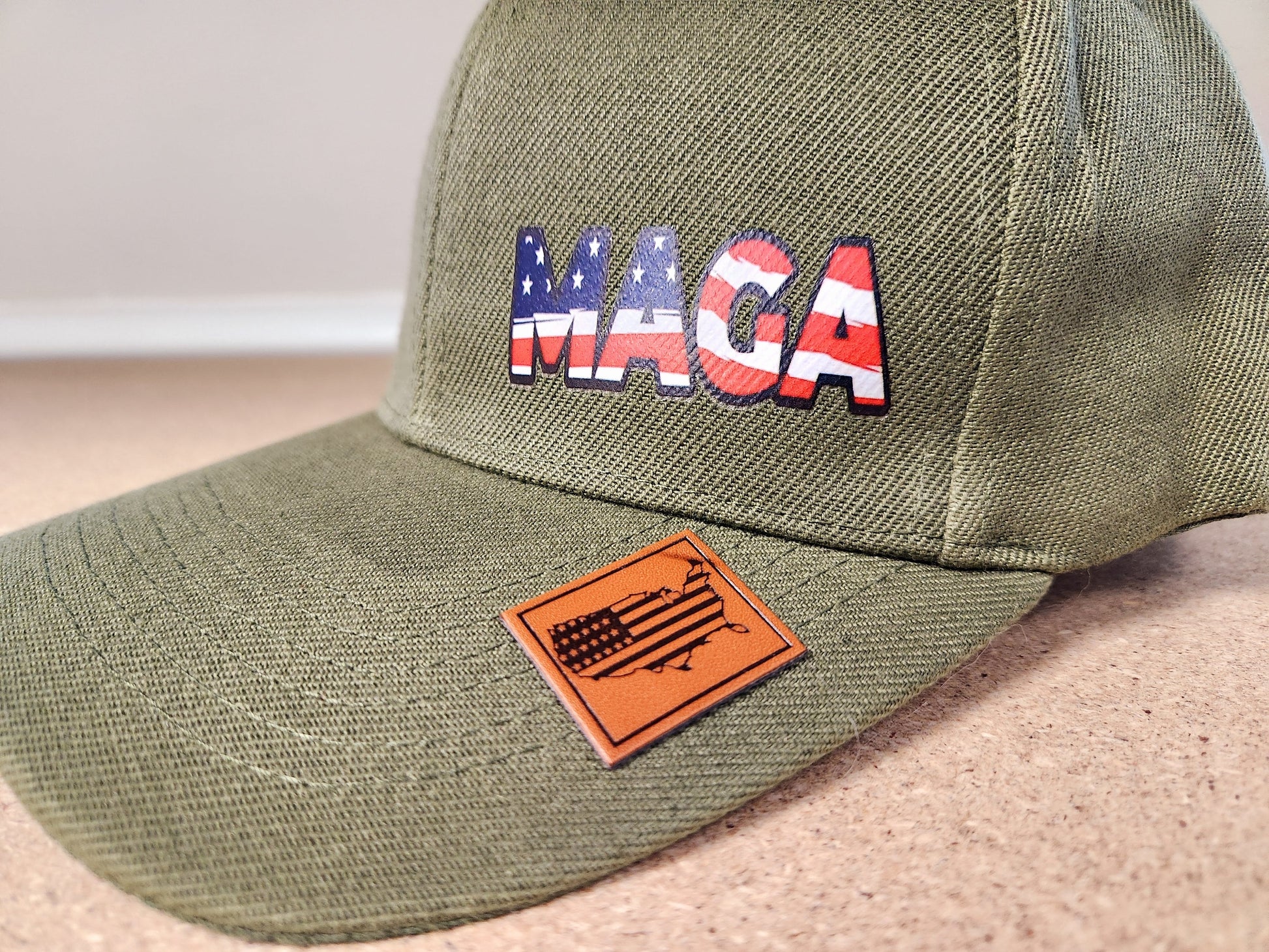 American Pride MAGA Hat with Leather USA Patch (Olive) - PatriotDepot.com