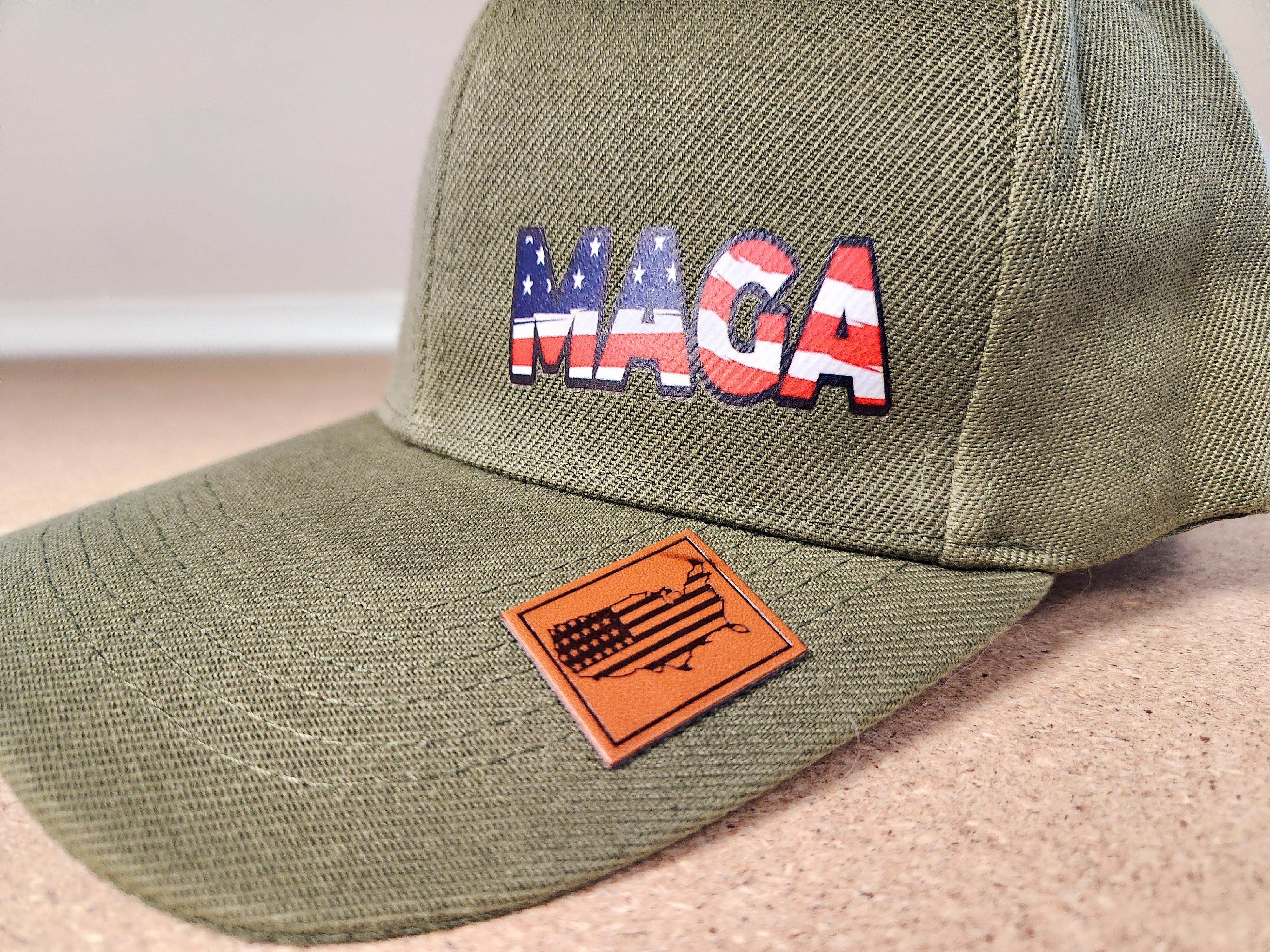 American Pride MAGA Hat with Leather USA Patch (Olive) - PatriotDepot.com