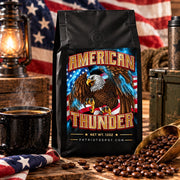 american thunder coffee roast 12 oz bag in lifestyle scene