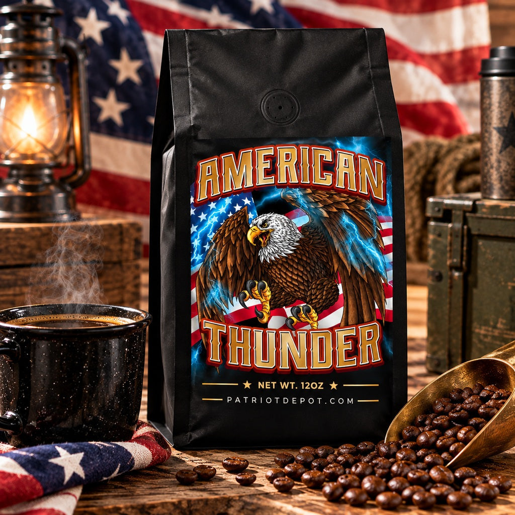 american thunder coffee roast 12 oz bag in lifestyle scene