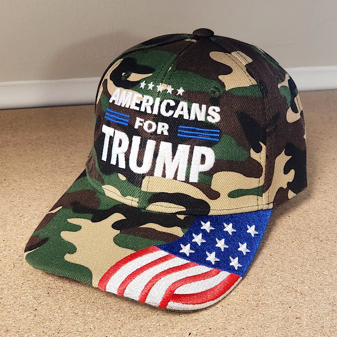 Americans for Trump Embroidered Hat w/Flag Bill (Camo) - PatriotDepot.com