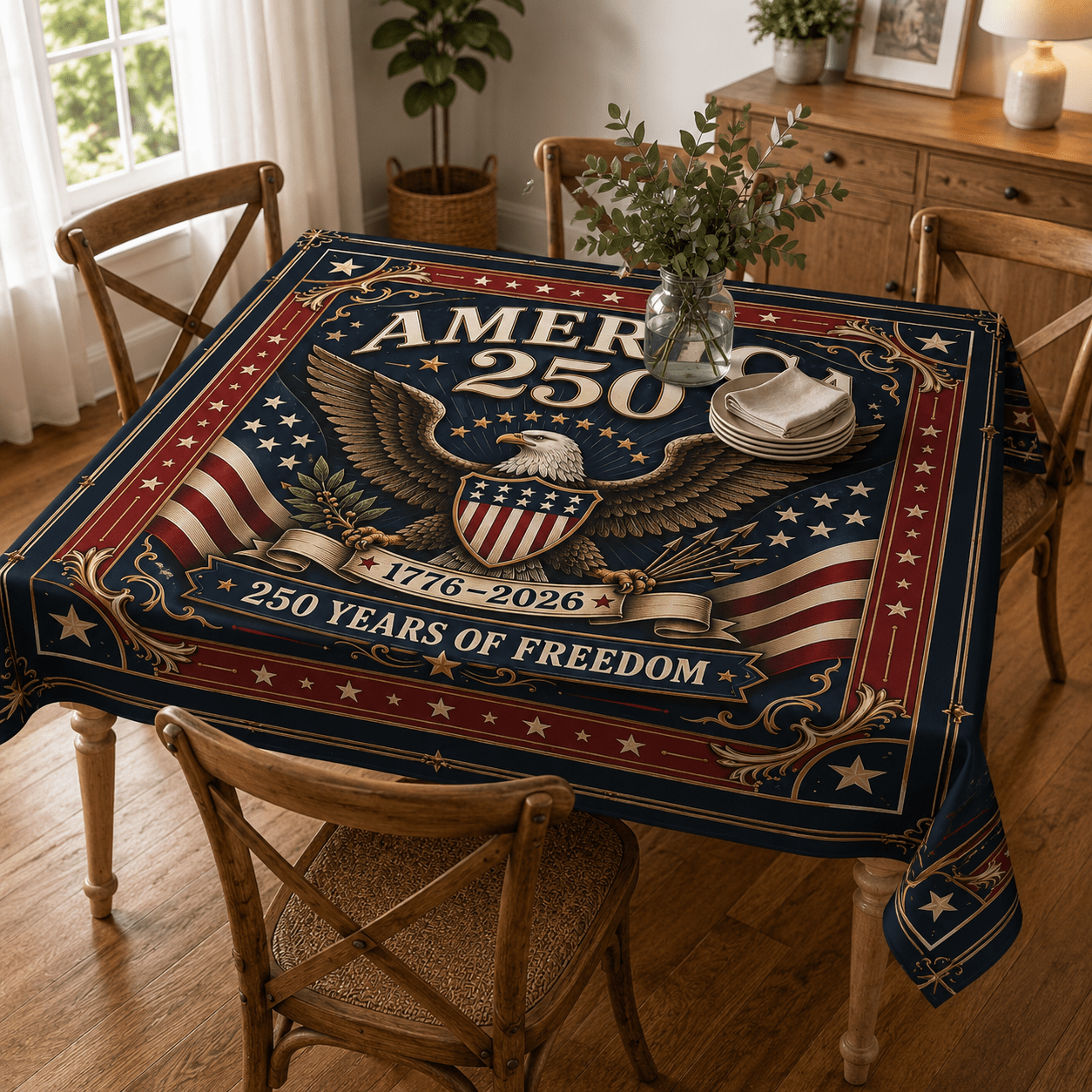 America's 250th Anniversary Custom Tablecloth — 1776–2026 Patriotic Eagle - PatriotDepot.com