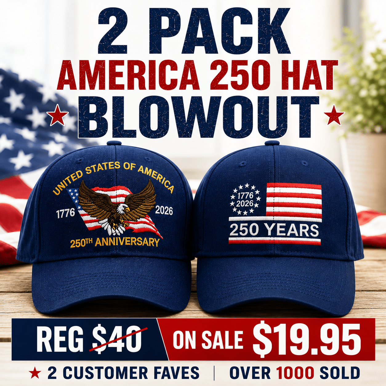 America's 250th Hat 2-Pack – Eagle & Betsy Ross Embroidered Navy Hats (1776–2026) - PatriotDepot.com