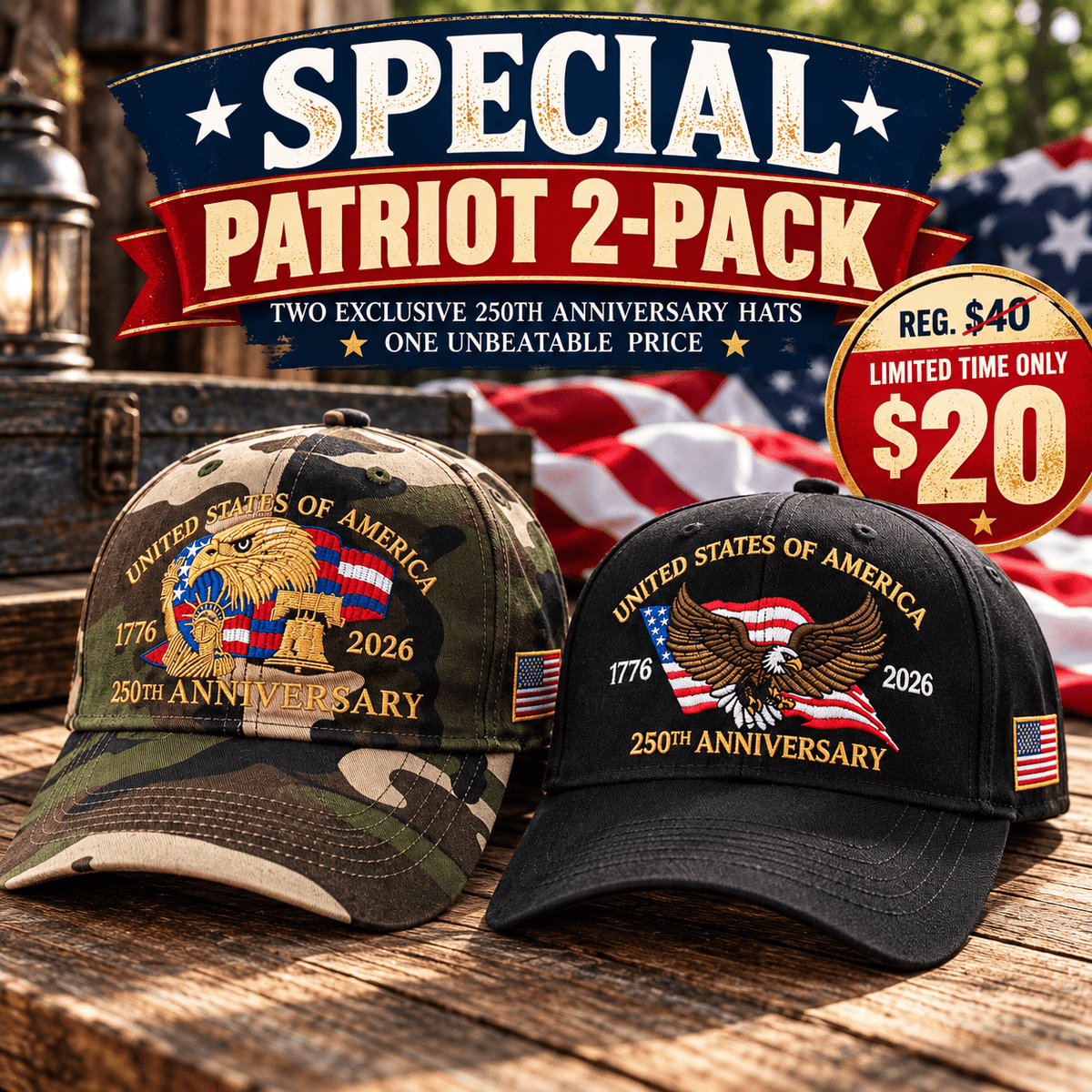 America’s 250th Hat 2-Pack – Eagle Heritage & Camo Embroidered Hats (1776–2026) - PatriotDepot.com