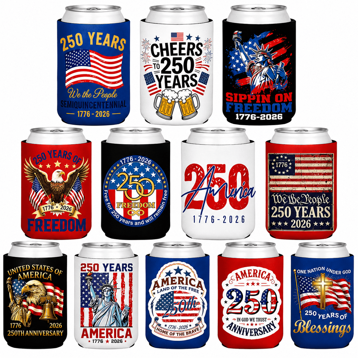 America's 250th Patriotic 12 - Pack Can Coolers - PatriotDepot.com