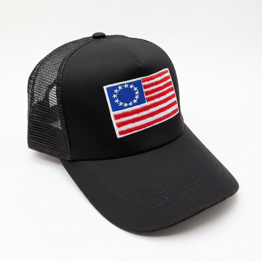 Betsy Ross Embroidered Flag Patch Trucker Hat (Black) - PatriotDepot.com