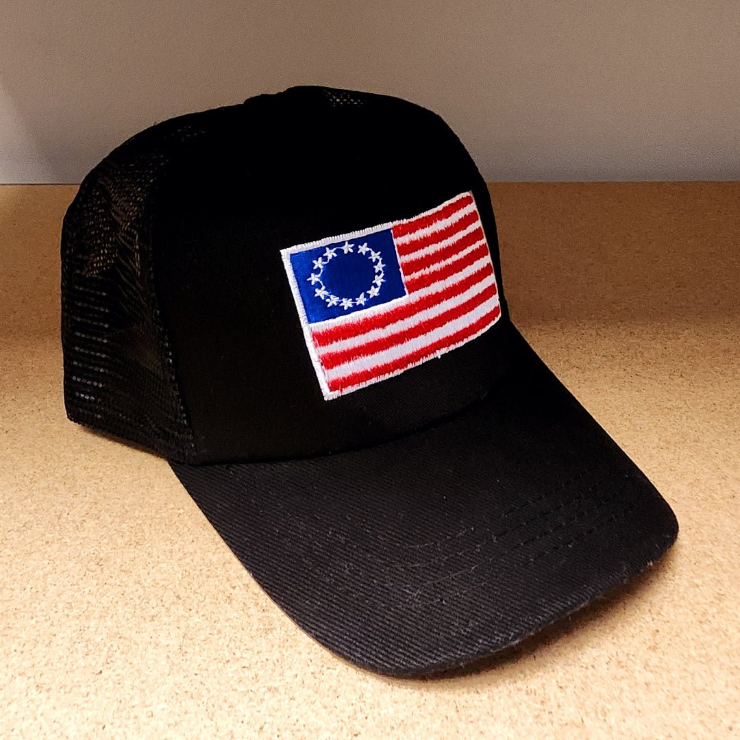 Betsy Ross Embroidered Flag Patch Trucker Hat (Black) - PatriotDepot.com
