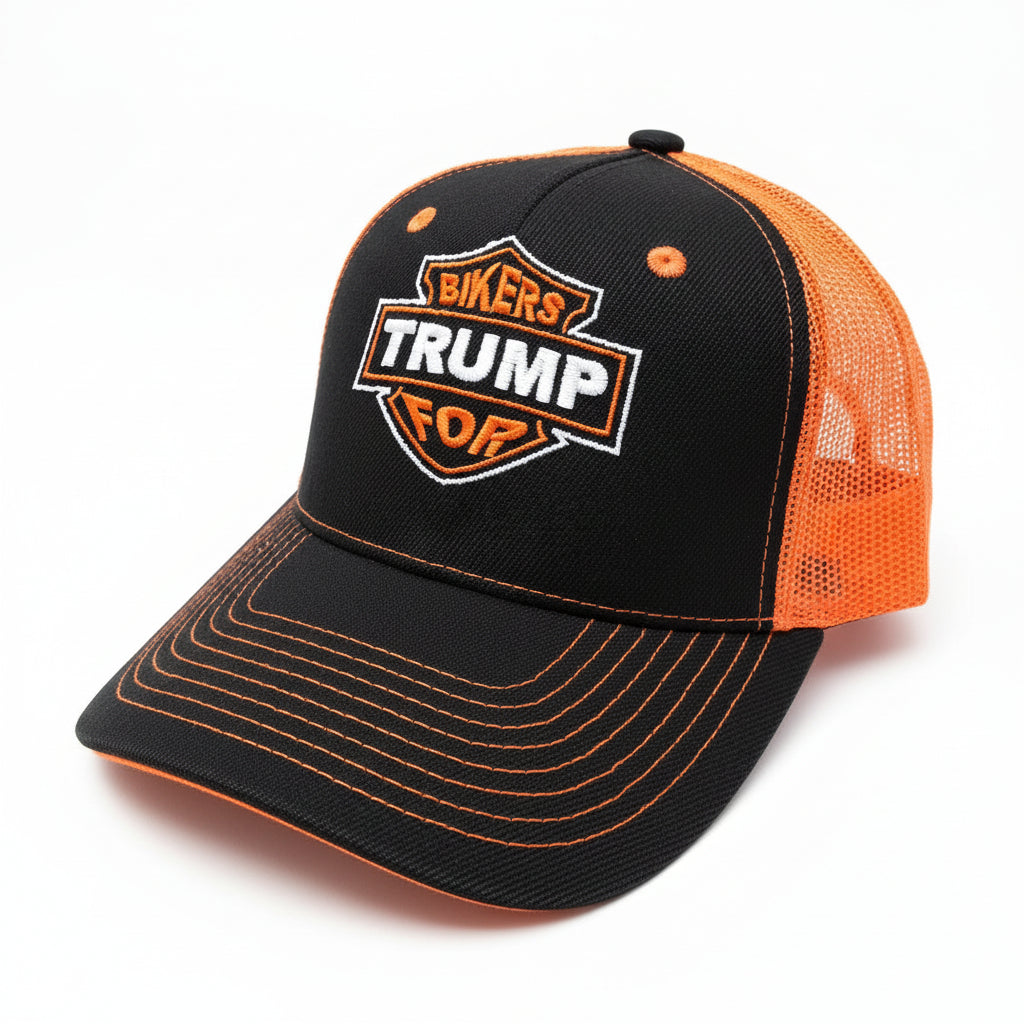 Bikers for Trump Custom Embroidered Trucker Hat (Black & Orange) - PatriotDepot.com
