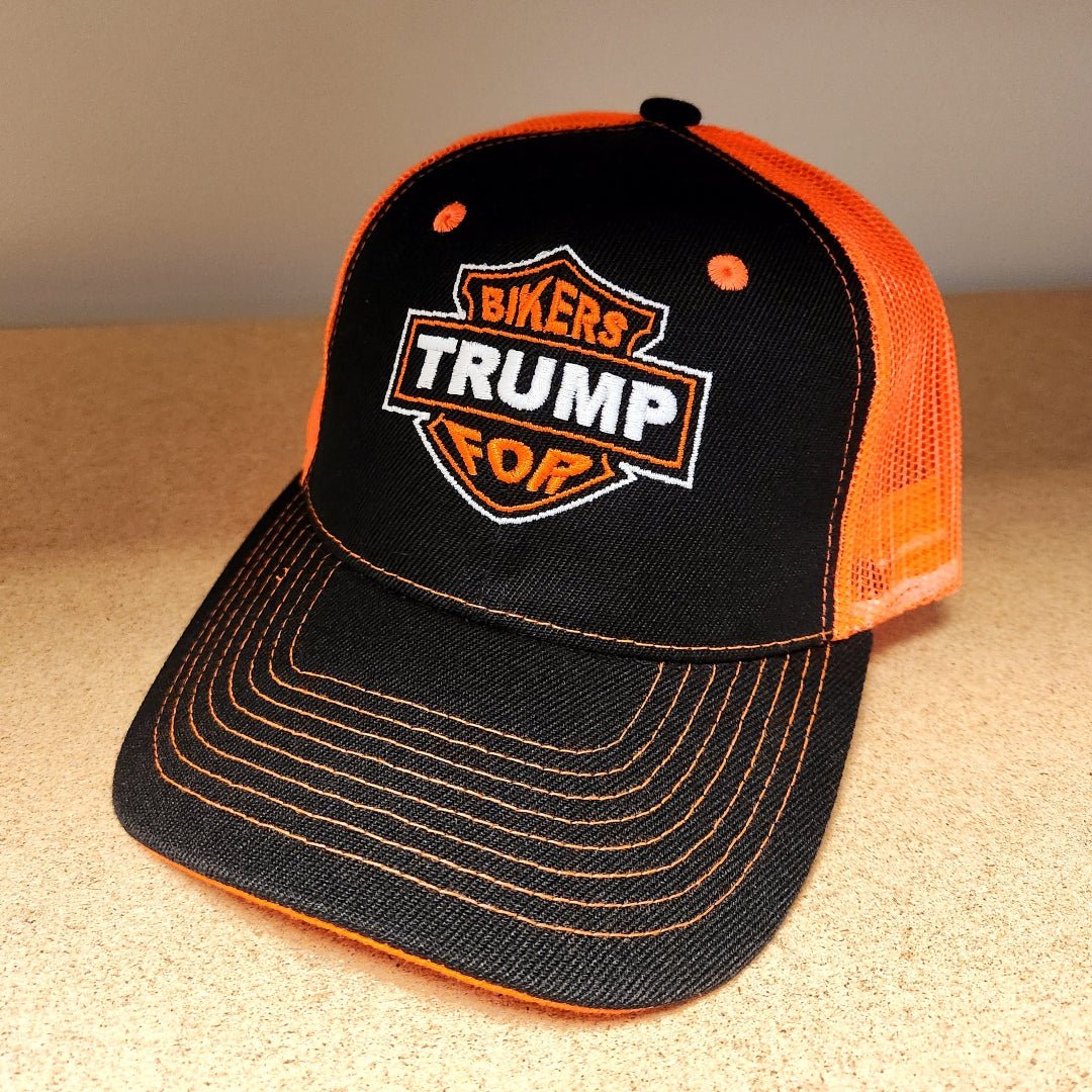 Bikers for Trump Custom Embroidered Trucker Hat (Black & Orange) - PatriotDepot.com