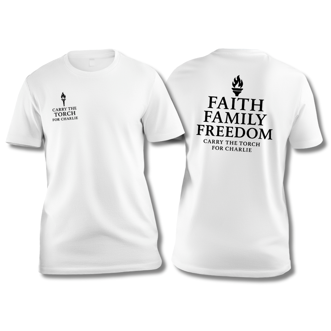 Carry the Torch for Charlie "Faith Family Freedom" T-Shirt - PatriotDepot.com