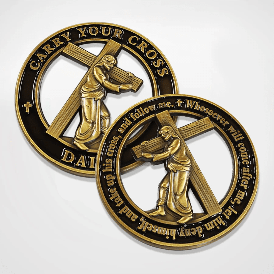 Carry Your Cross Challenge Coin | Antique Gold, 1.75 Inch - PatriotDepot.com