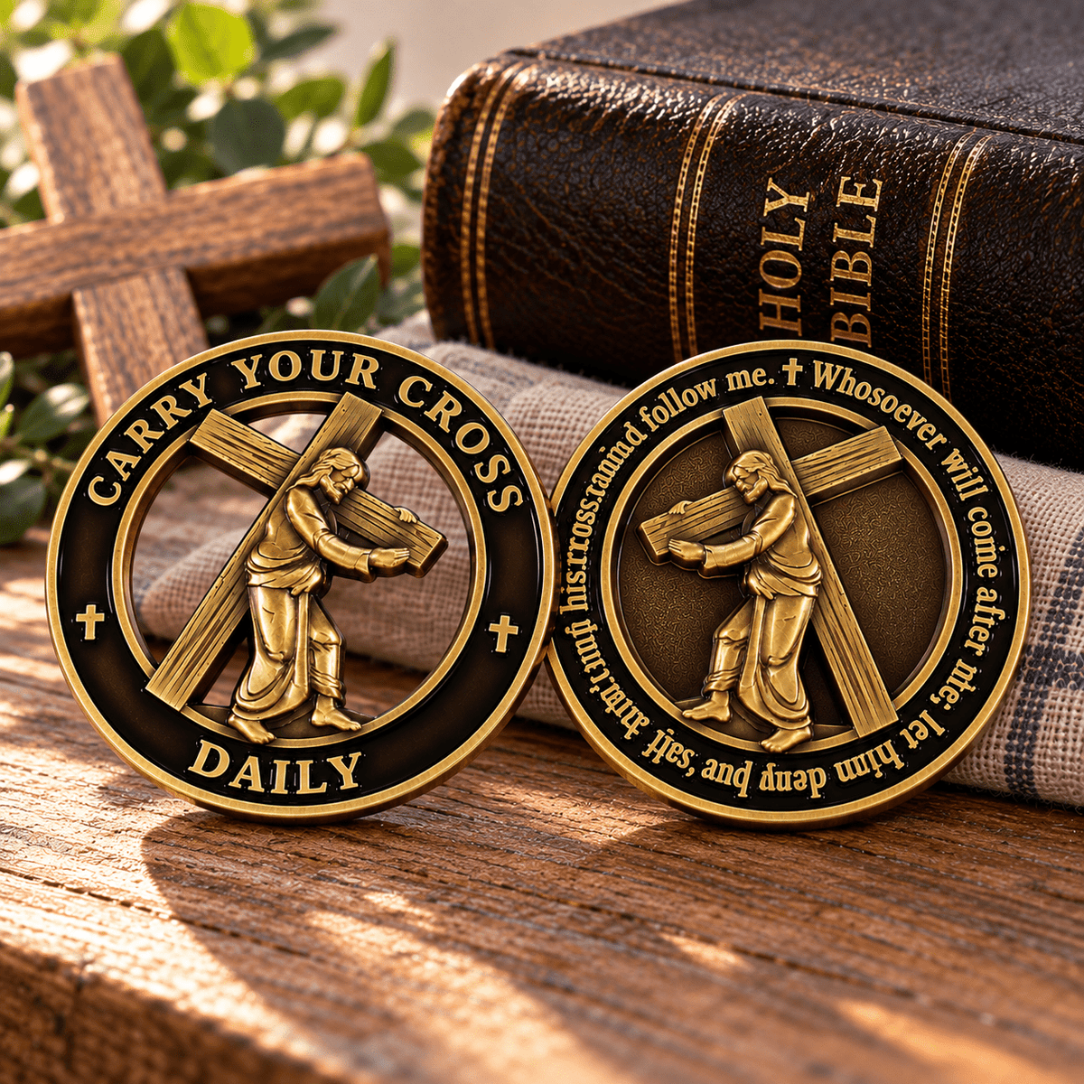Carry Your Cross Challenge Coin | Antique Gold, 1.75 Inch - PatriotDepot.com