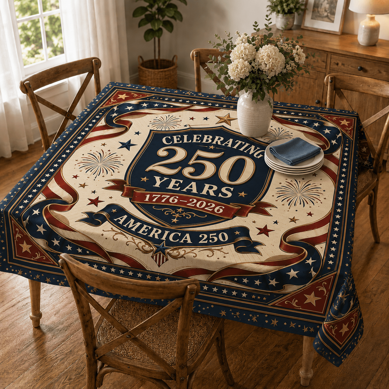 Celebrating 250 Years of America 1776–2026 Custom Tablecloth - PatriotDepot.com