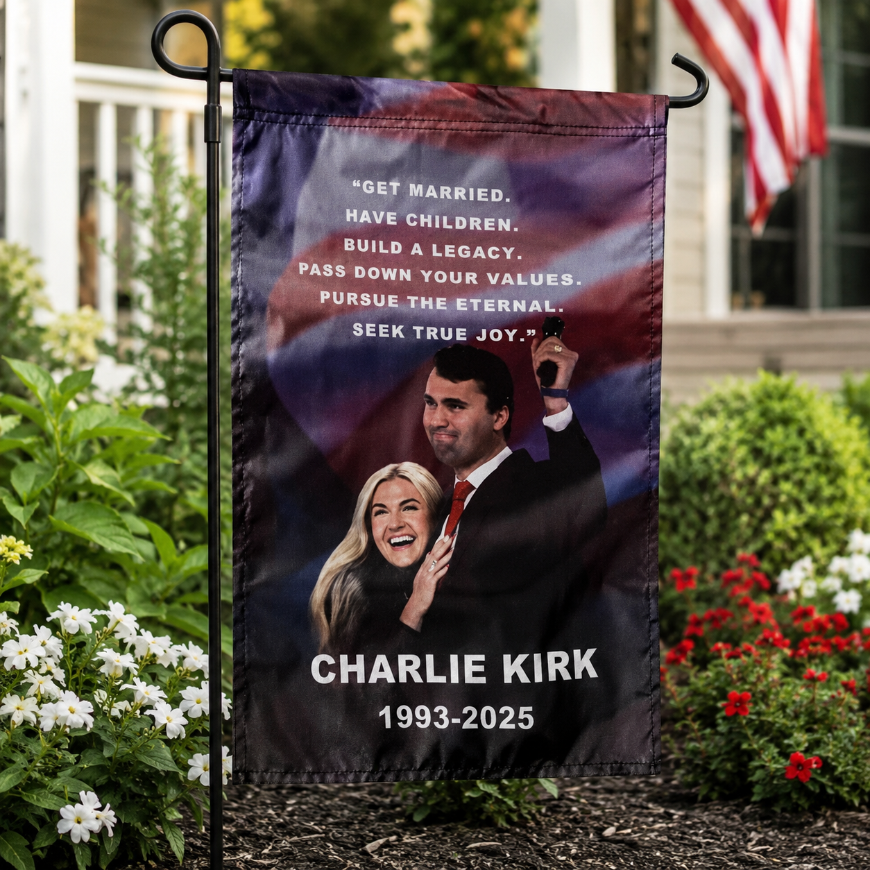 Charlie Kirk "Build a Legacy" Memorial Garden Flag | 12"x18" | 1993–2025 Tribute - PatriotDepot.com