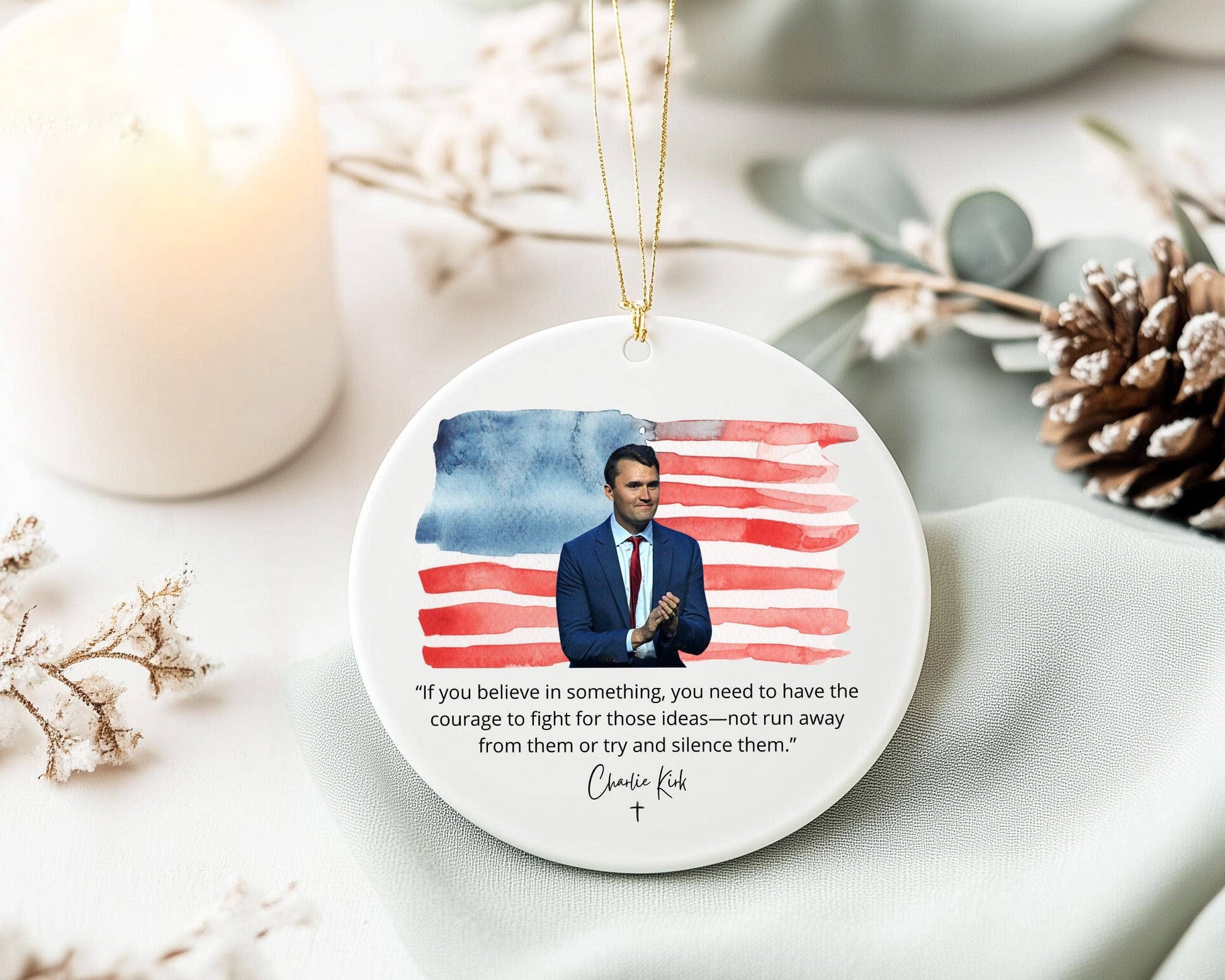 Charlie Kirk “Courage to Stand” Heart-Shaped Ceramic Ornament - PatriotDepot.com