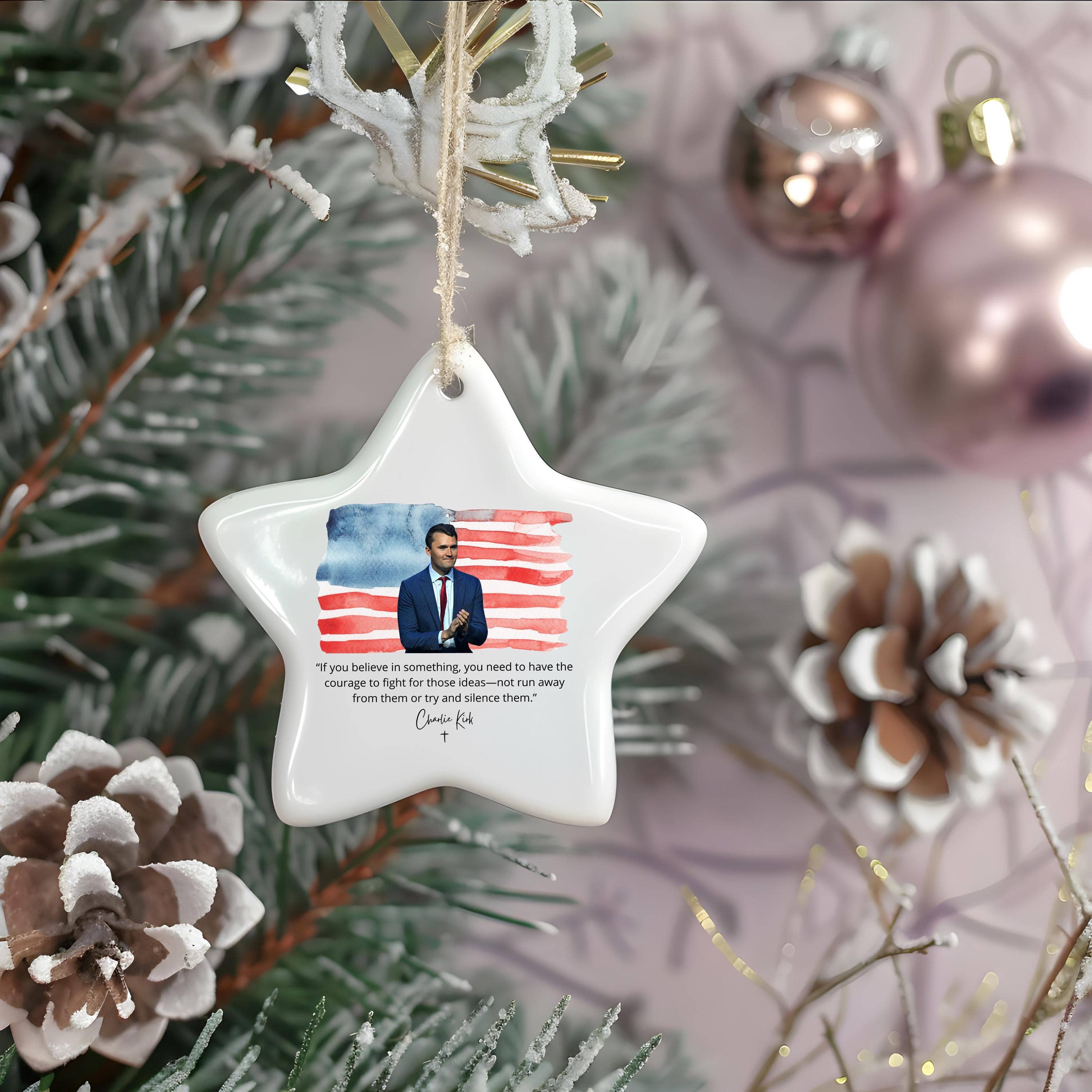 Charlie Kirk “Courage to Stand” Heart-Shaped Ceramic Ornament - PatriotDepot.com