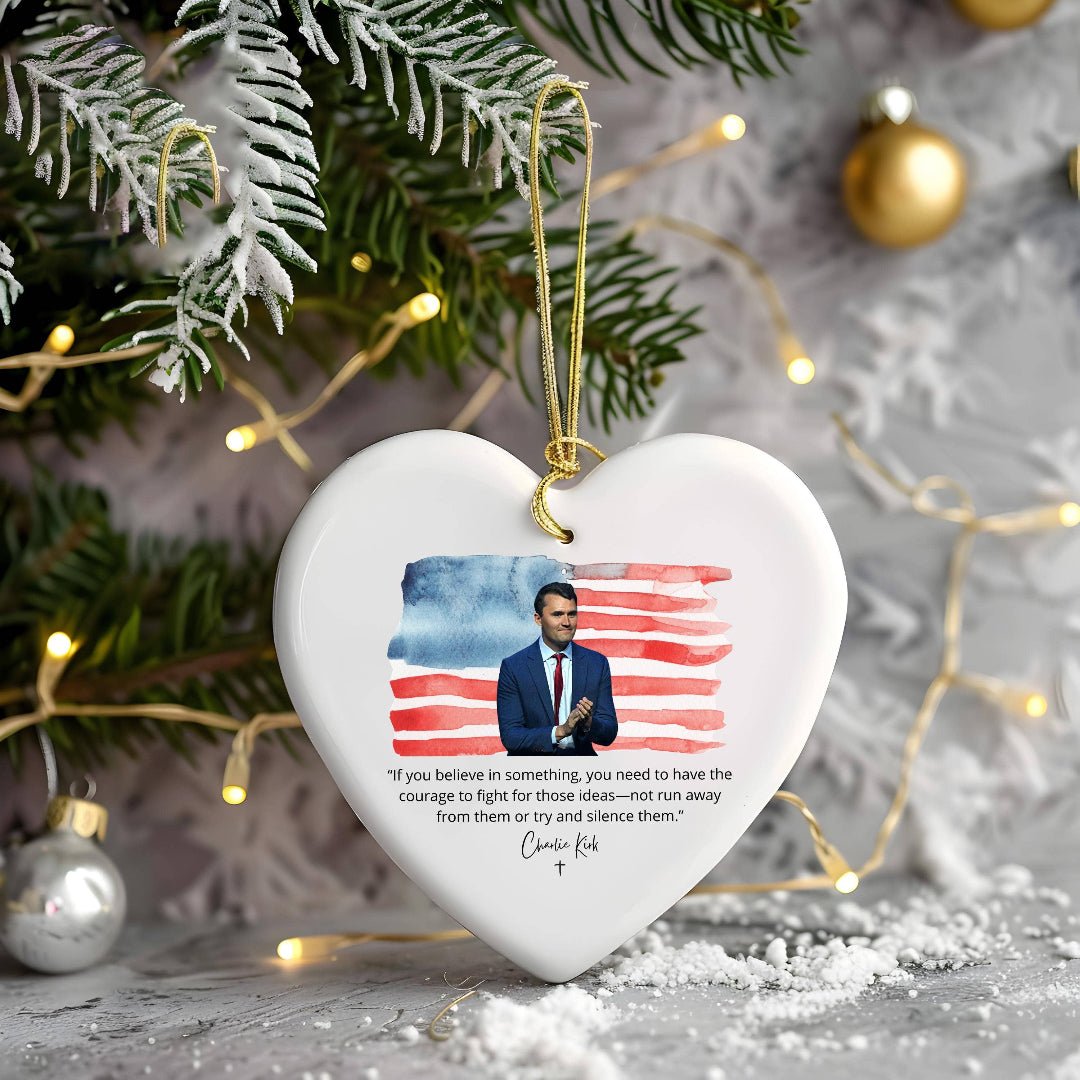 Charlie Kirk “Courage to Stand” Heart - Shaped Ceramic Ornament - PatriotDepot.com