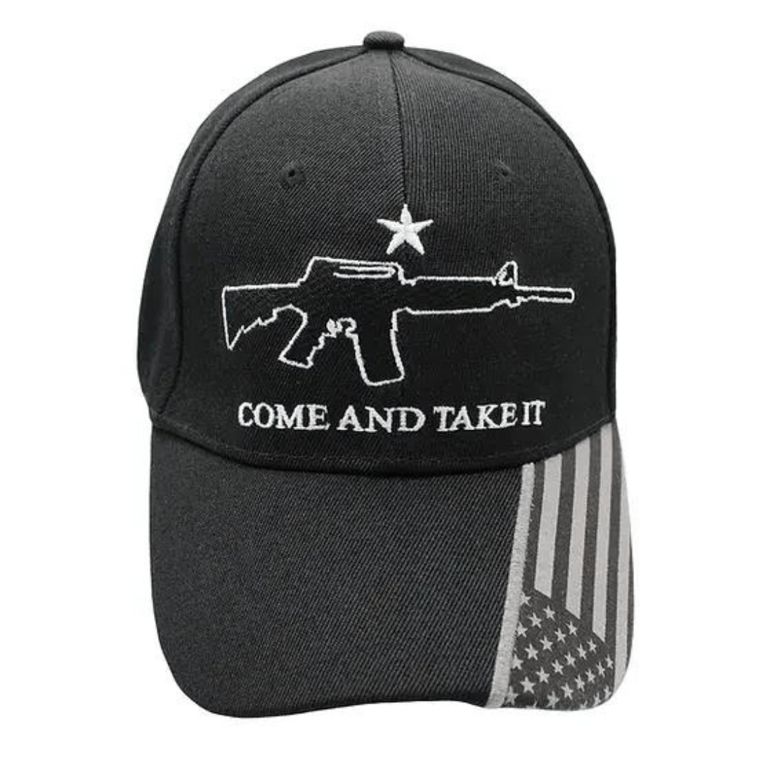 Come And Take It Custom Embroidered (Black/Grey) Hat w/Flag Bill - PatriotDepot.com