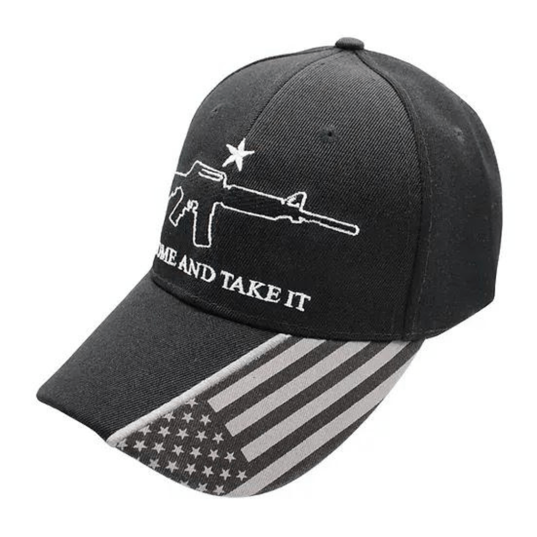 Come And Take It Custom Embroidered (Black/Grey) Hat w/Flag Bill - PatriotDepot.com