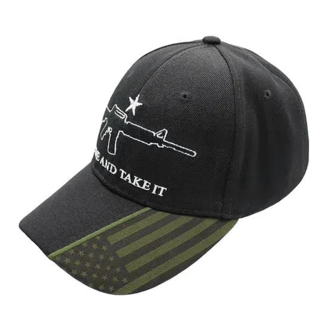 Come And Take It Custom Embroidered (Black/Olive) Hat w/Flag Bill - PatriotDepot.com