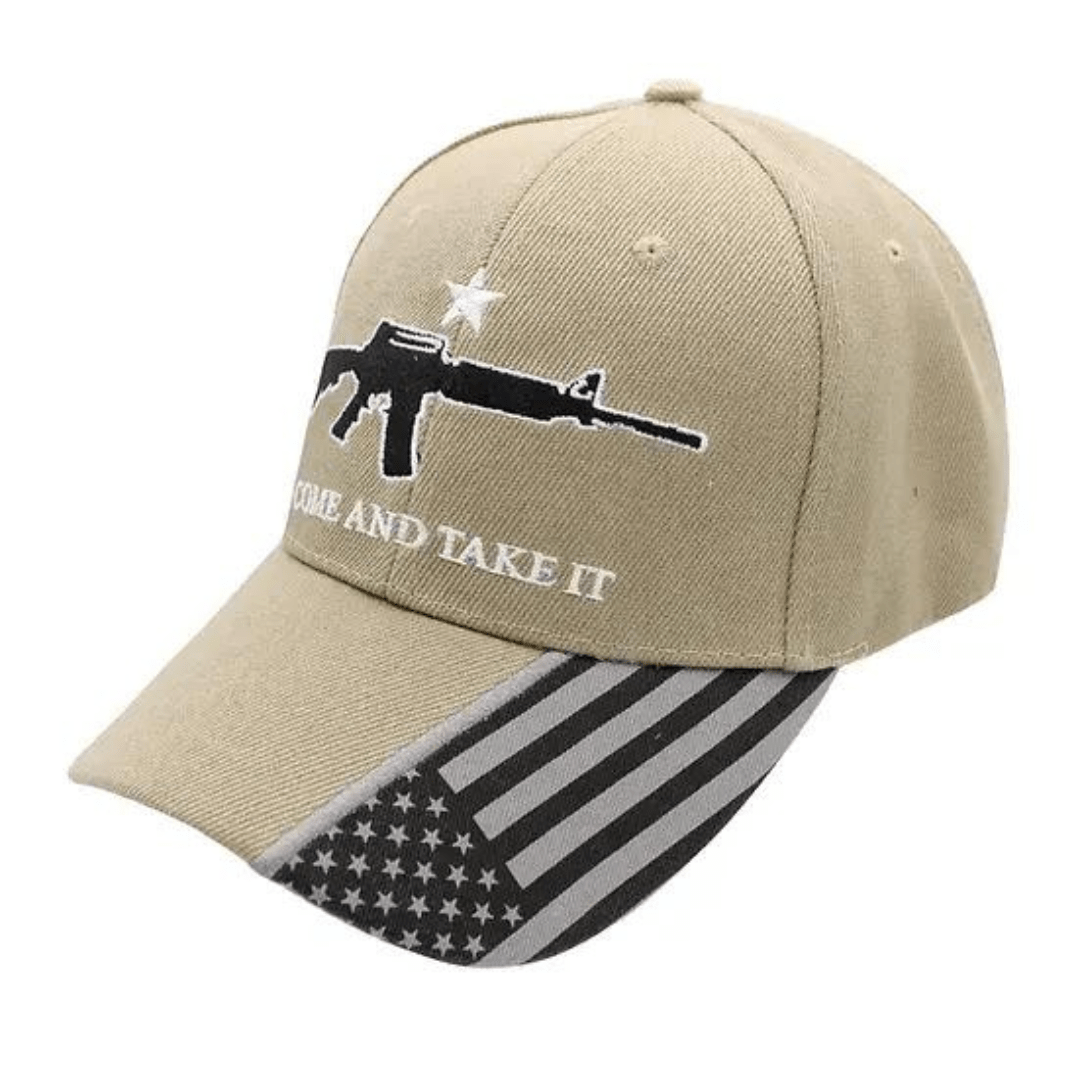 Come And Take It Custom Embroidered (Khaki/Black) Hat w/Flag Bill - PatriotDepot.com