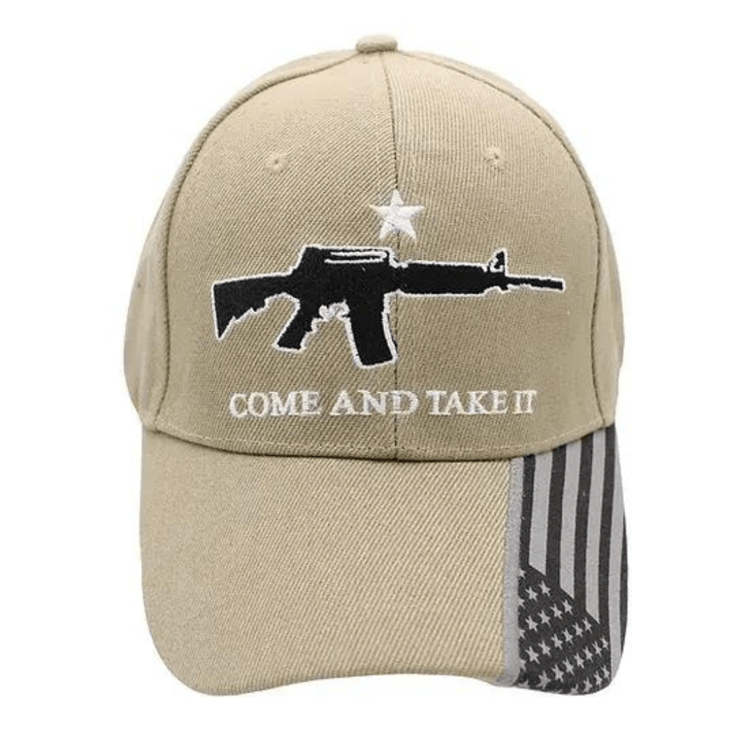 Come And Take It Custom Embroidered (Khaki/Black) Hat w/Flag Bill - PatriotDepot.com