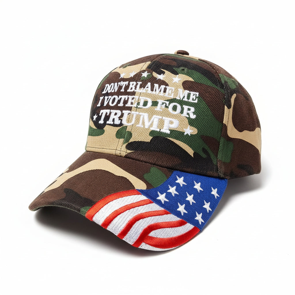 Don't Blame Me I Voted for Trump Custom Embroidered Hat w/ Flag Bill (Camo) - PatriotDepot.com