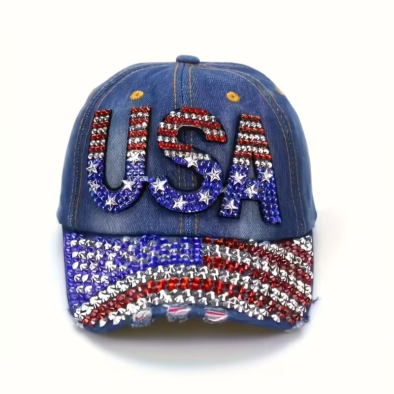 USA Rhinestone Embroidered Hat (Dark Denim USA w/ Flag Bill)