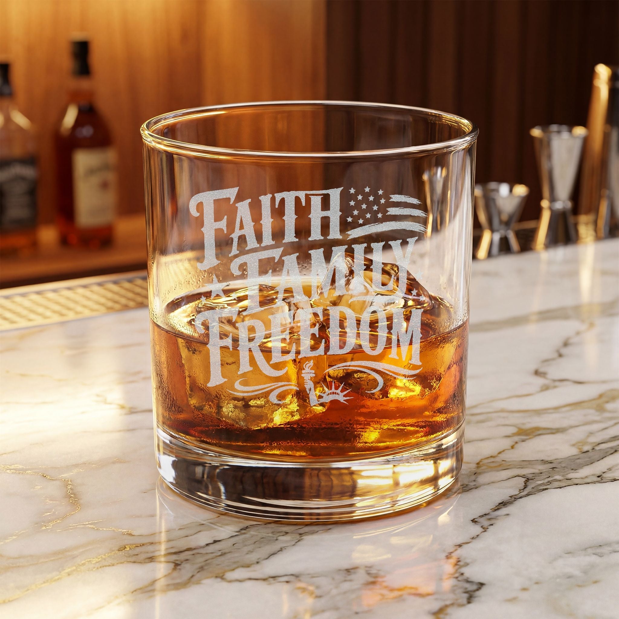 Faith Family Freedom Custom Engraved Rocks Glass | America's 250th Anniversary - PatriotDepot.com