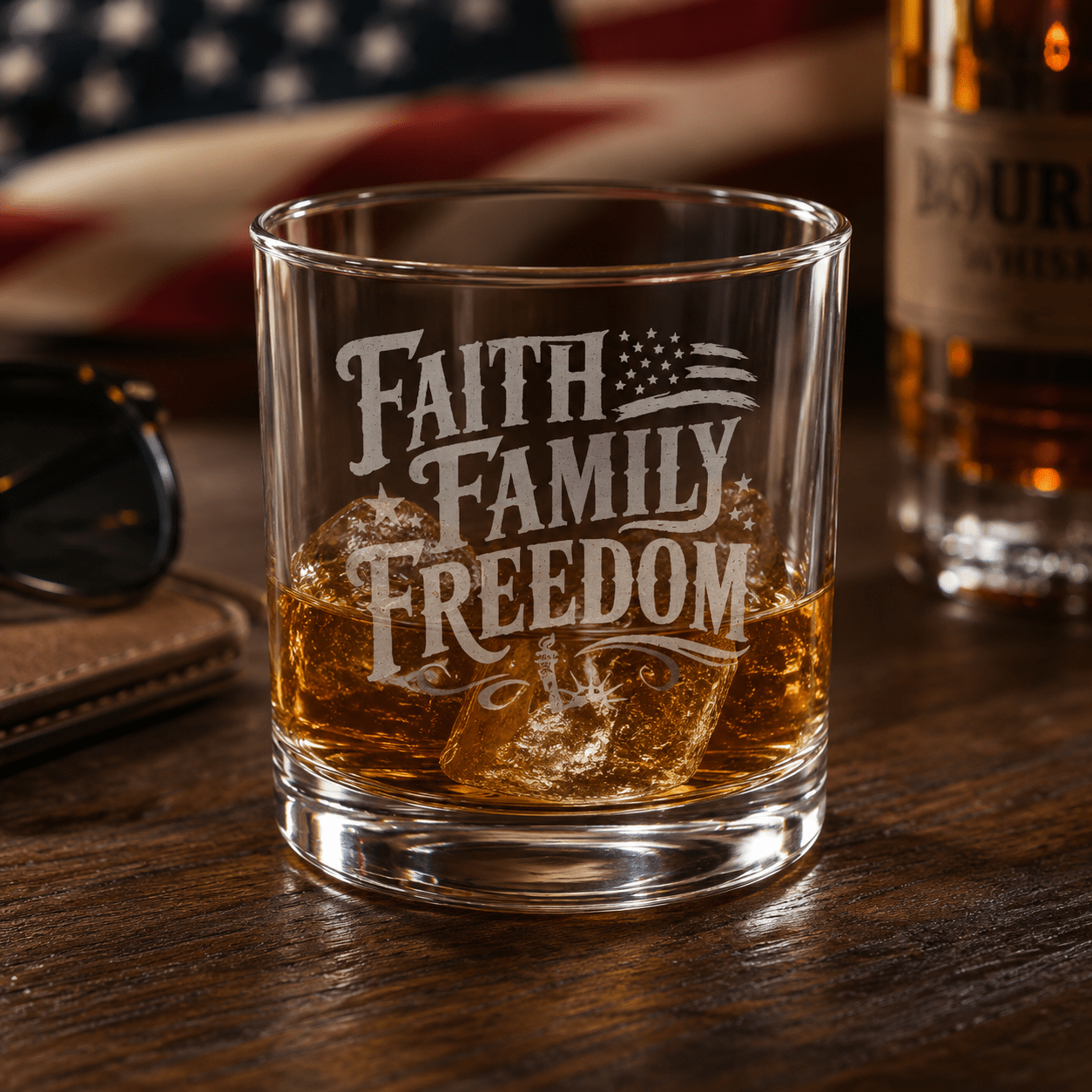 Faith Family Freedom Custom Engraved Rocks Glass | America's 250th Anniversary - PatriotDepot.com