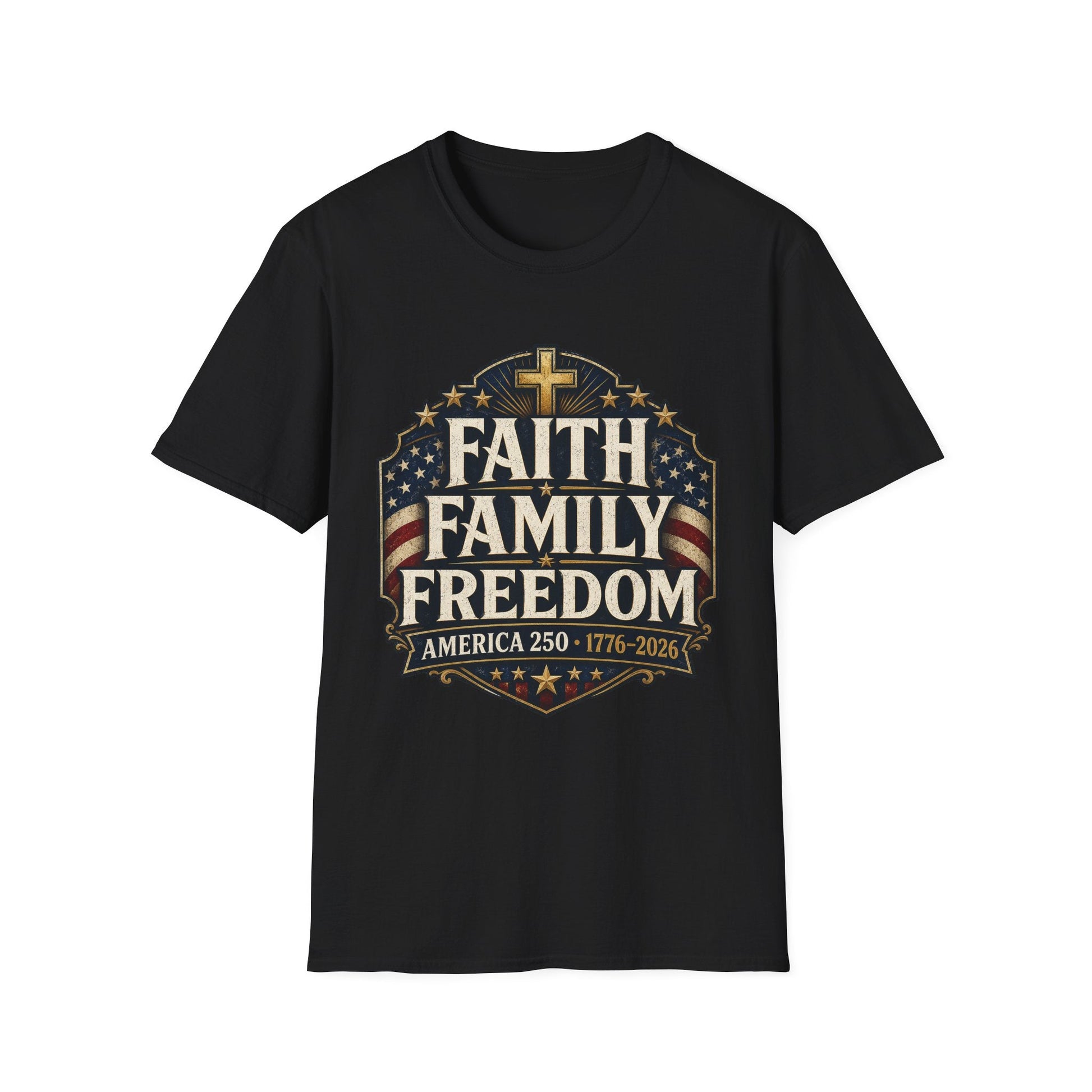 Faith • Family • Freedom Patriotic T-Shirt – Vintage Cross & Flag Tee | S–5XL - PatriotDepot.com