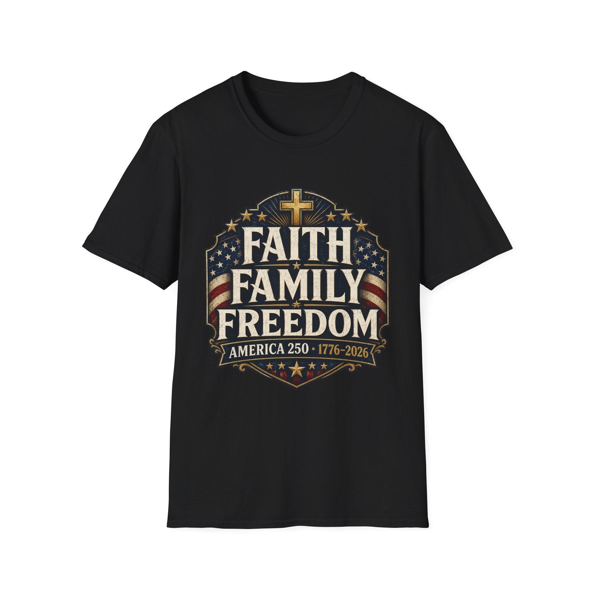 Faith • Family • Freedom Patriotic T-Shirt – Vintage Cross & Flag Tee | S–5XL - PatriotDepot.com