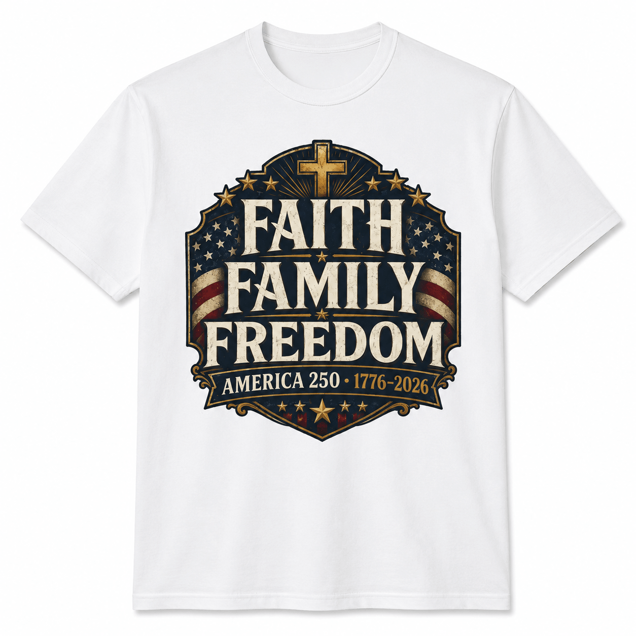 Faith • Family • Freedom Patriotic T-Shirt – Vintage Cross & Flag Tee | S–5XL - PatriotDepot.com