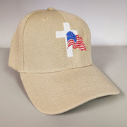 Flag and Cross Custom Embroidered Hat (Khaki) - PatriotDepot.com
