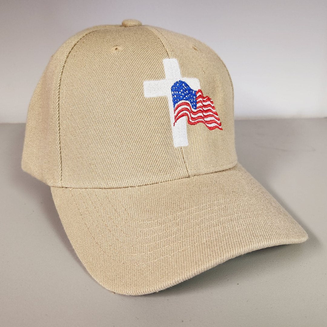 Flag and Cross Custom Embroidered Hat (Khaki) - PatriotDepot.com