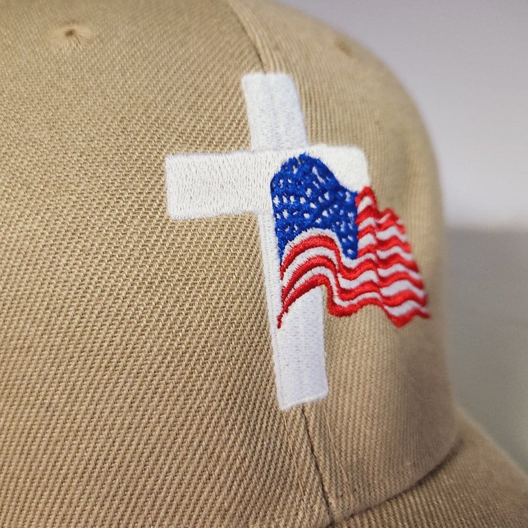Flag and Cross Custom Embroidered Hat (Khaki) - PatriotDepot.com