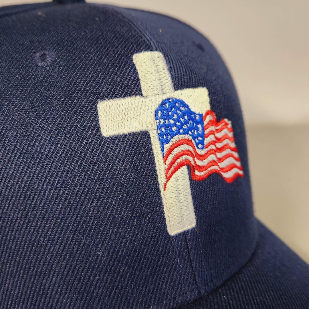 Flag and Cross Custom Embroidered Hat (Navy) - PatriotDepot.com
