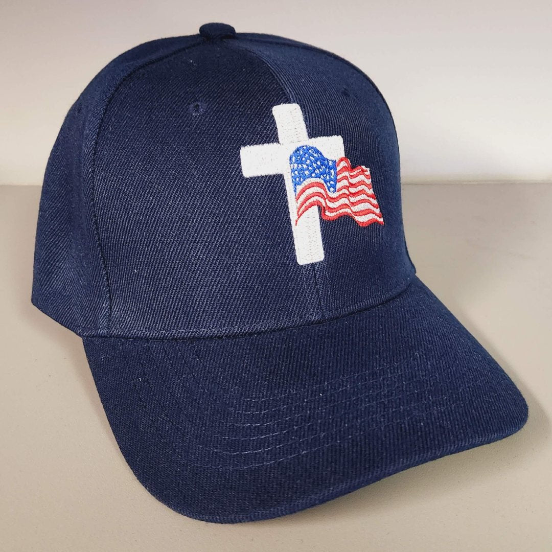 Flag and Cross Custom Embroidered Hat (Navy) - PatriotDepot.com