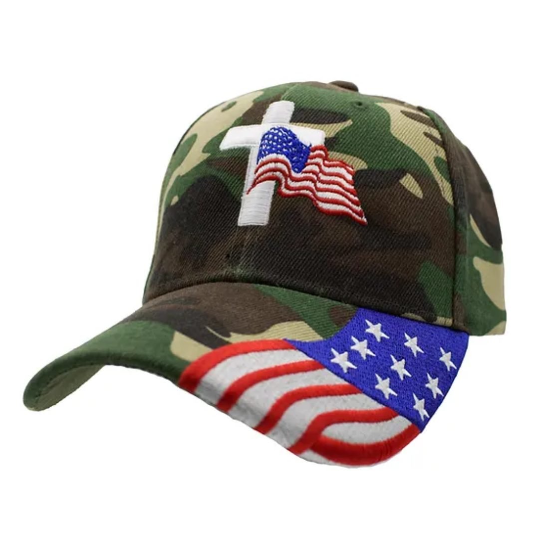 Flag and Cross Custom Embroidered Hat w/Flag Bill (Camo) - PatriotDepot.com