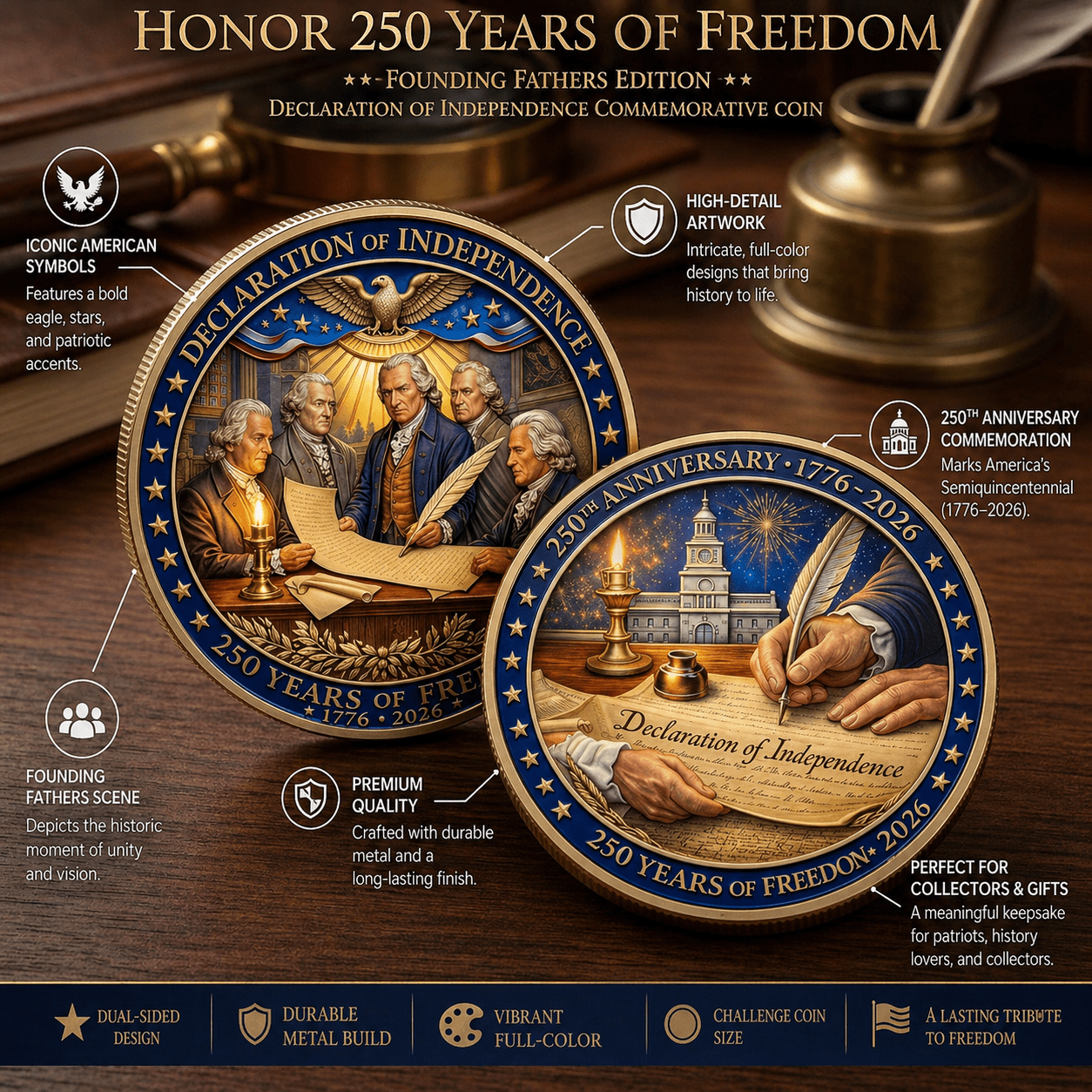 Founding Fathers Edition Declaration of Independence 250th Anniversary Commemorative Coin (1776–2026) - PatriotDepot.com