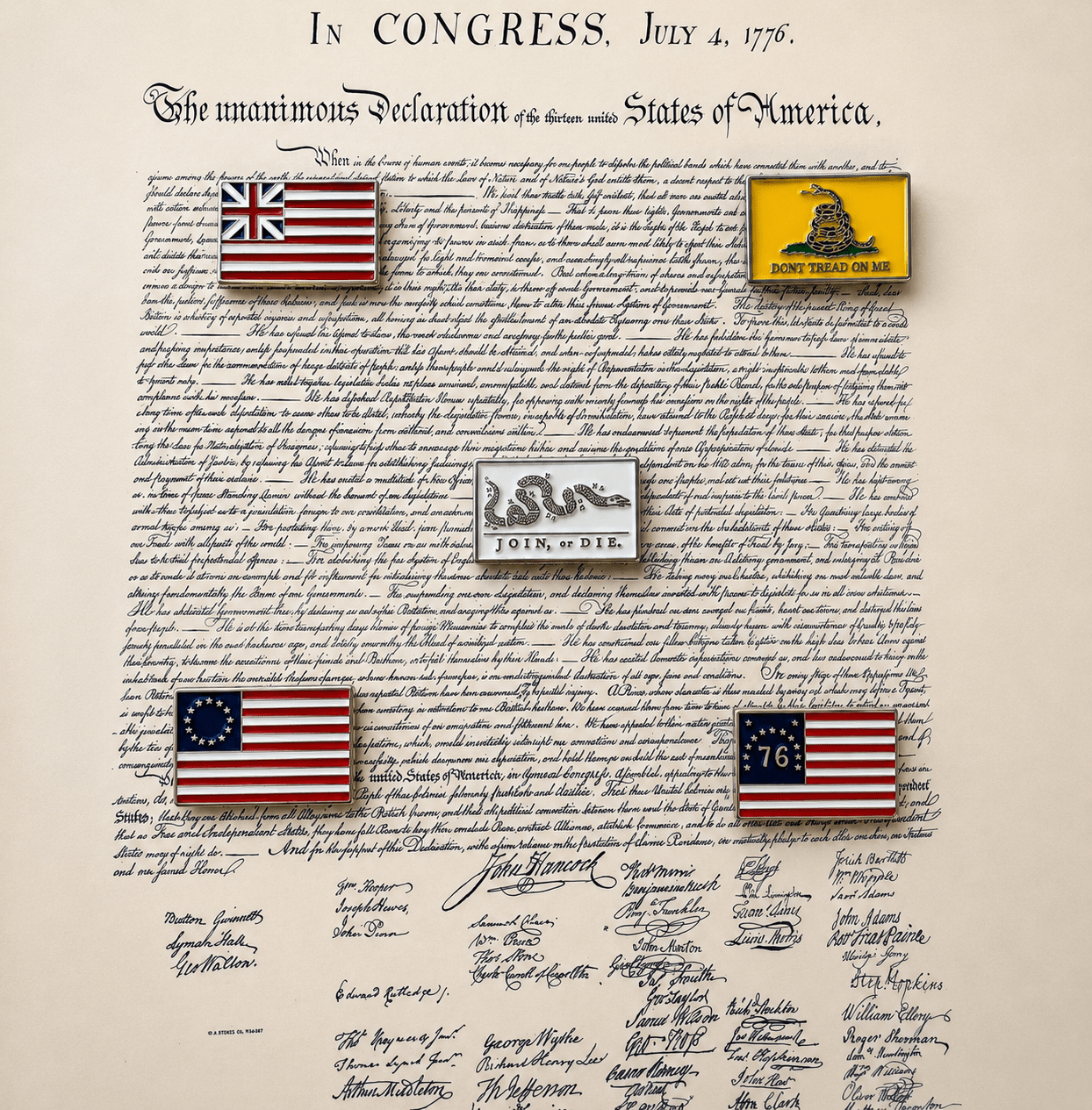 Founding Flags Cloisonné Pin Collection | 5-Pin Set on Constitutional Parchment | 1776-2026 Limited Edition - PatriotDepot.com