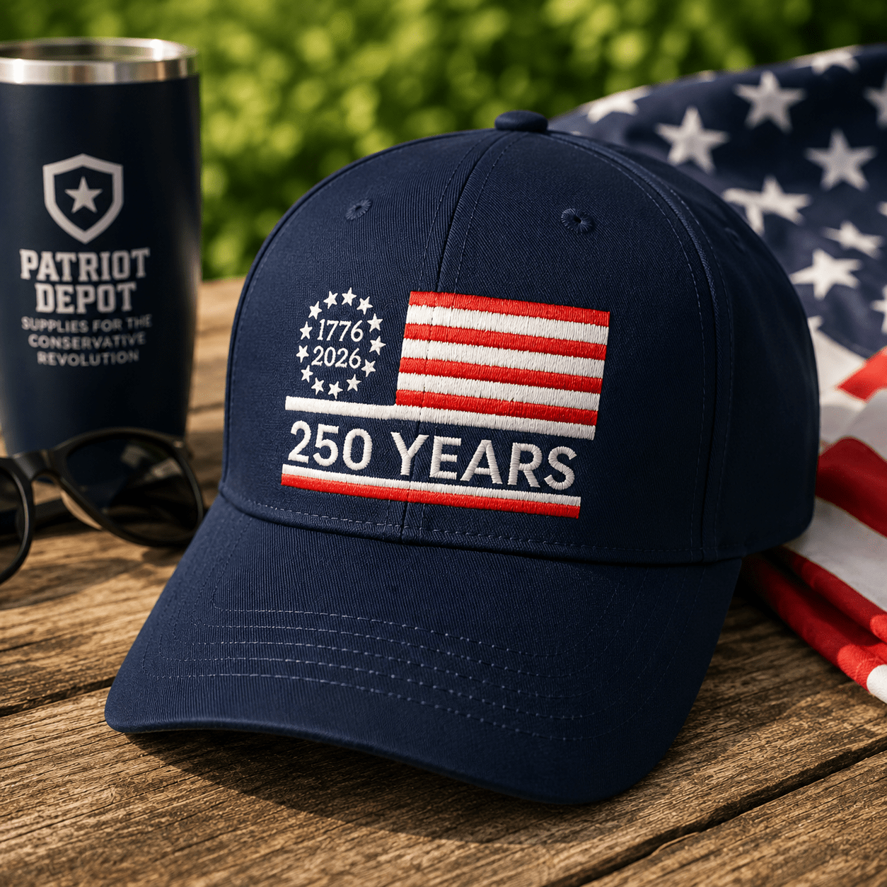 Freedom 250 Flag & Hat Bundle | America 250th Anniversary Flag + Embroidered Navy Hat - PatriotDepot.com