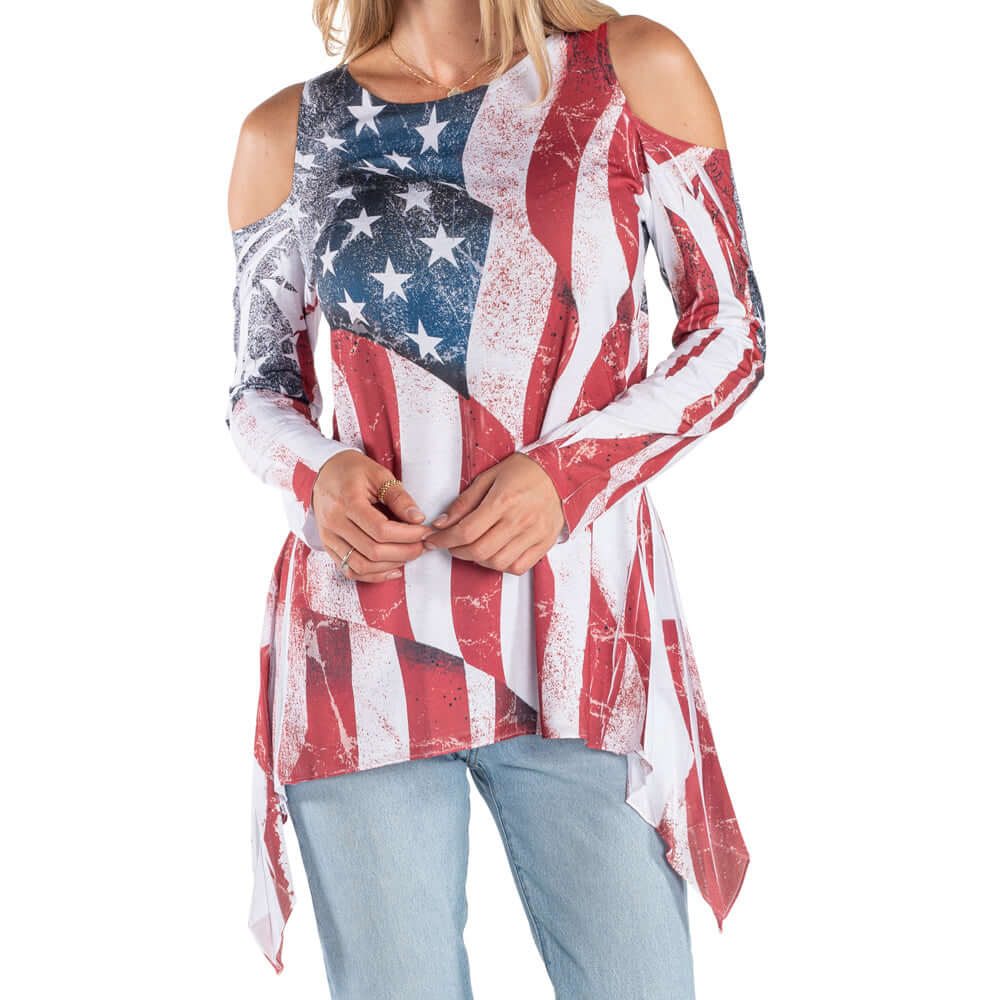 Freedom Flow Cold Shoulder Tunic - Women's American Flag Made in USA Top - PatriotDepot.com